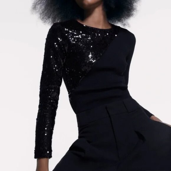 🎄 NWOT 🛍️ ZARA WOMEN’S LUXURY SEQUINS BLACK LONG SLEEVE TOP SMALL S - Picture 1 of 6